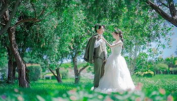 緑葉で結婚式の前撮りウエディングフォト撮影